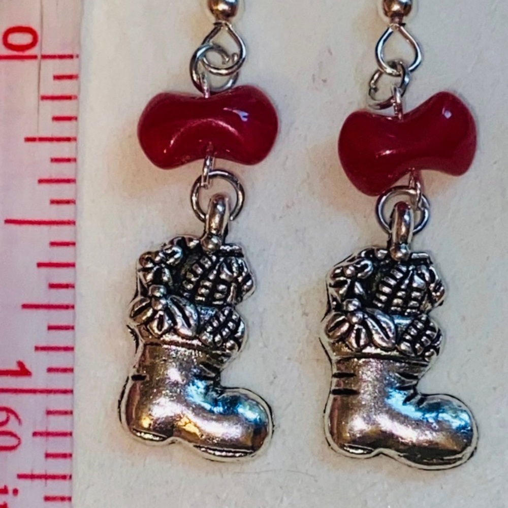Hand Crafted Earrings Stocking Bow Silver Dangle Jewelry Christmas Pierced - Picture 3 of 5